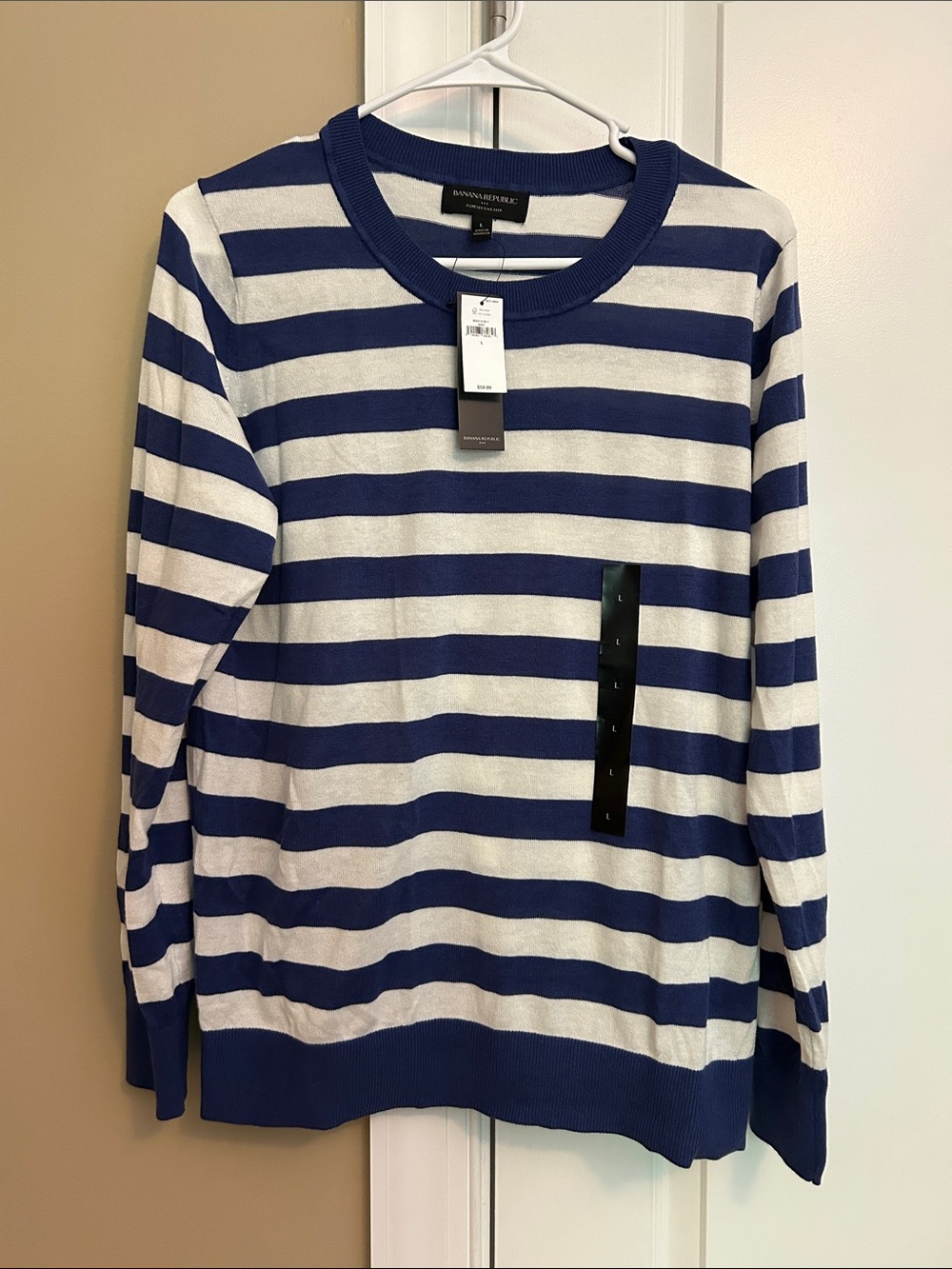 Banana Republic Navy and White Striped Crewneck Sweater